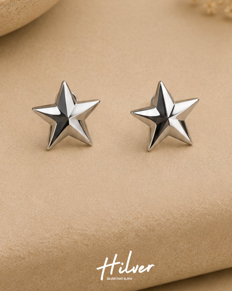 Silver Polished Five-Point Star Stud Earrings, view 1