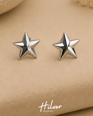 Silver Polished Five-Point Star Stud Earrings, view 1
