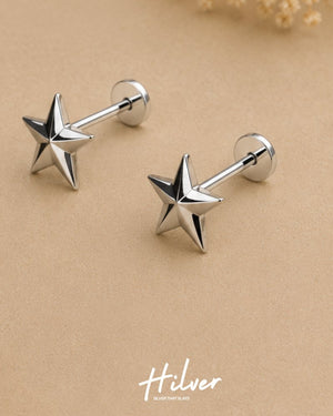 Silver Polished Five-Point Star Stud Earrings, view 2