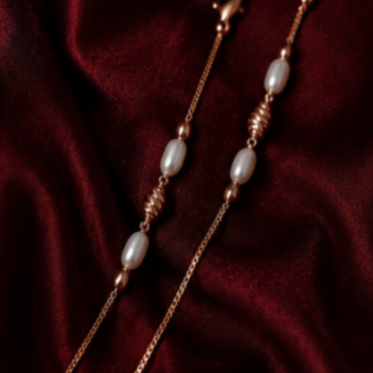 Hilver Rose Gold Pearl and Textured Rice Bead Anklet, view 2