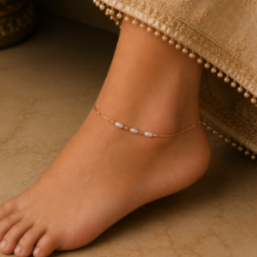 Hilver Rose Gold Pearl and Textured Rice Bead Anklet, view 3