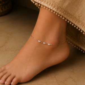 Hilver Rose Gold Pearl and Textured Rice Bead Anklet, view 3