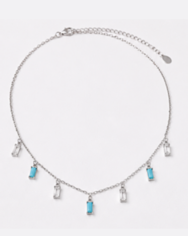Hilver Sterling Silver Aqua Blue and Clear Baguette Gemstone Station Choker, view 1
