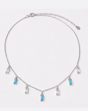 Hilver Sterling Silver Aqua Blue and Clear Baguette Gemstone Station Choker, view 1