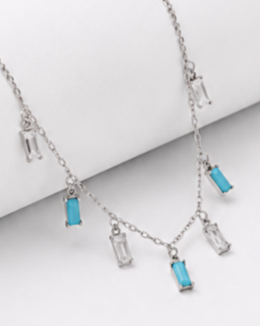 Hilver Sterling Silver Aqua Blue and Clear Baguette Gemstone Station Choker, view 2