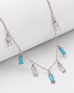 Hilver Sterling Silver Aqua Blue and Clear Baguette Gemstone Station Choker, view 2