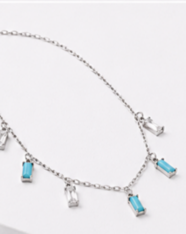 Hilver Sterling Silver Aqua Blue and Clear Baguette Gemstone Station Choker, view 3