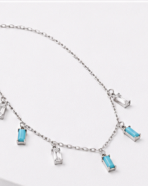 Hilver Sterling Silver Aqua Blue and Clear Baguette Gemstone Station Choker, view 3