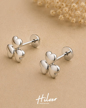 Silver Three-Leaf Shamrock Stud Earrings, view 2
