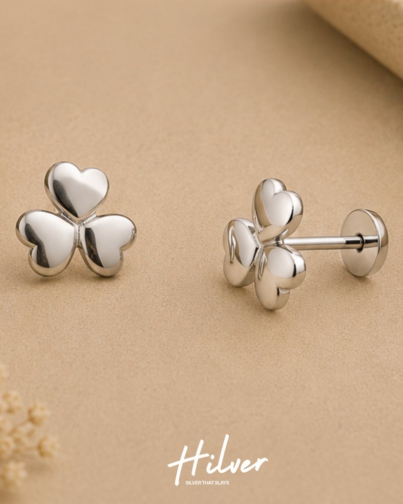 Silver Three-Leaf Shamrock Stud Earrings, view 3