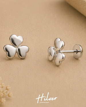 Silver Three-Leaf Shamrock Stud Earrings, view 3