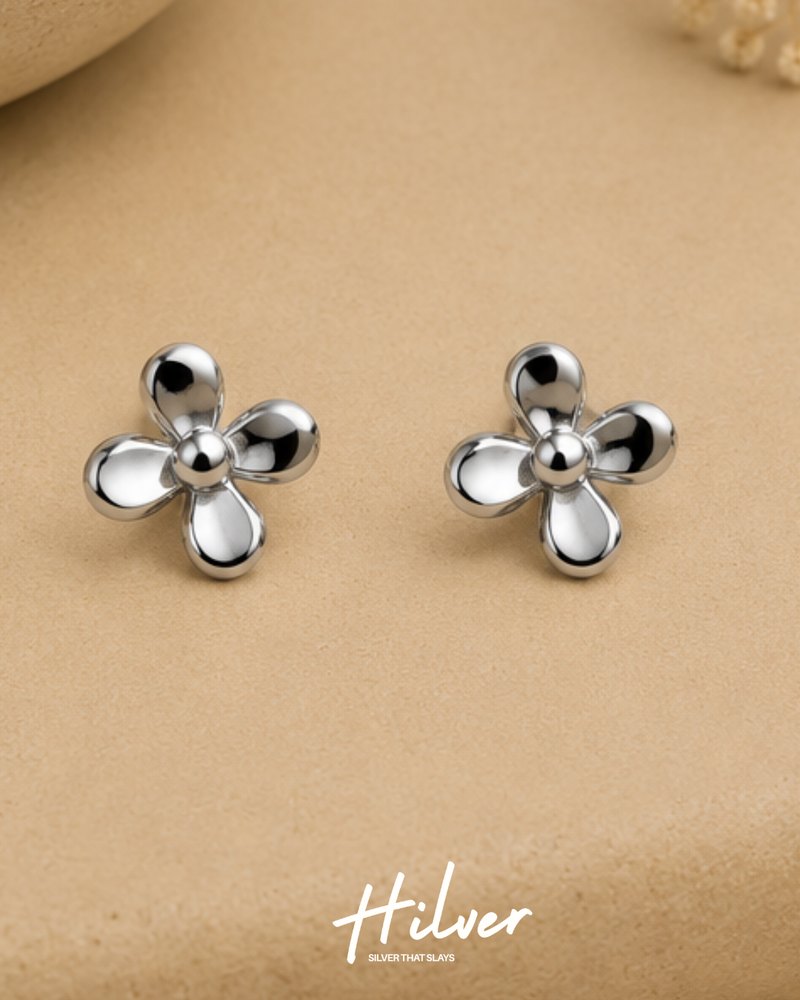 Silver Four-Petal Flower Stud Earrings, view 1