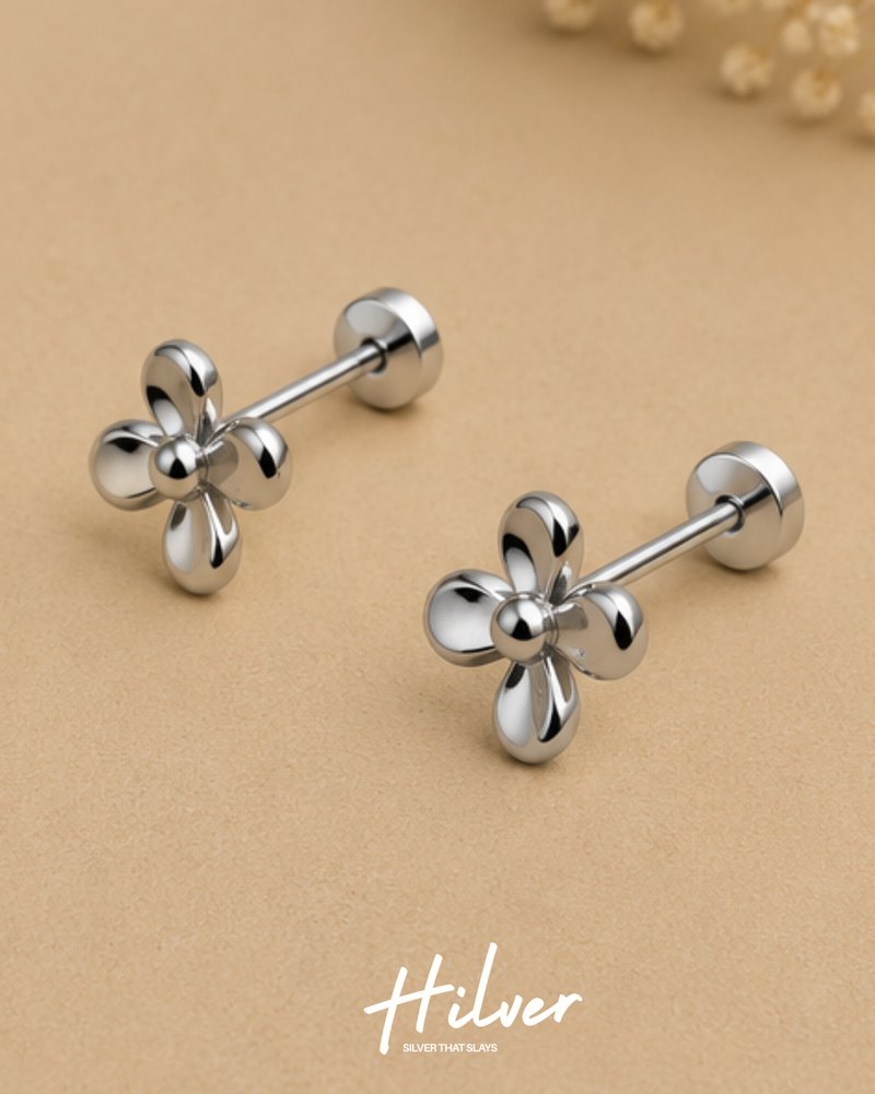 Silver Four-Petal Flower Stud Earrings, view 2