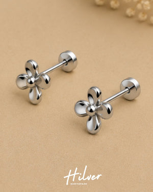 Silver Four-Petal Flower Stud Earrings, view 2