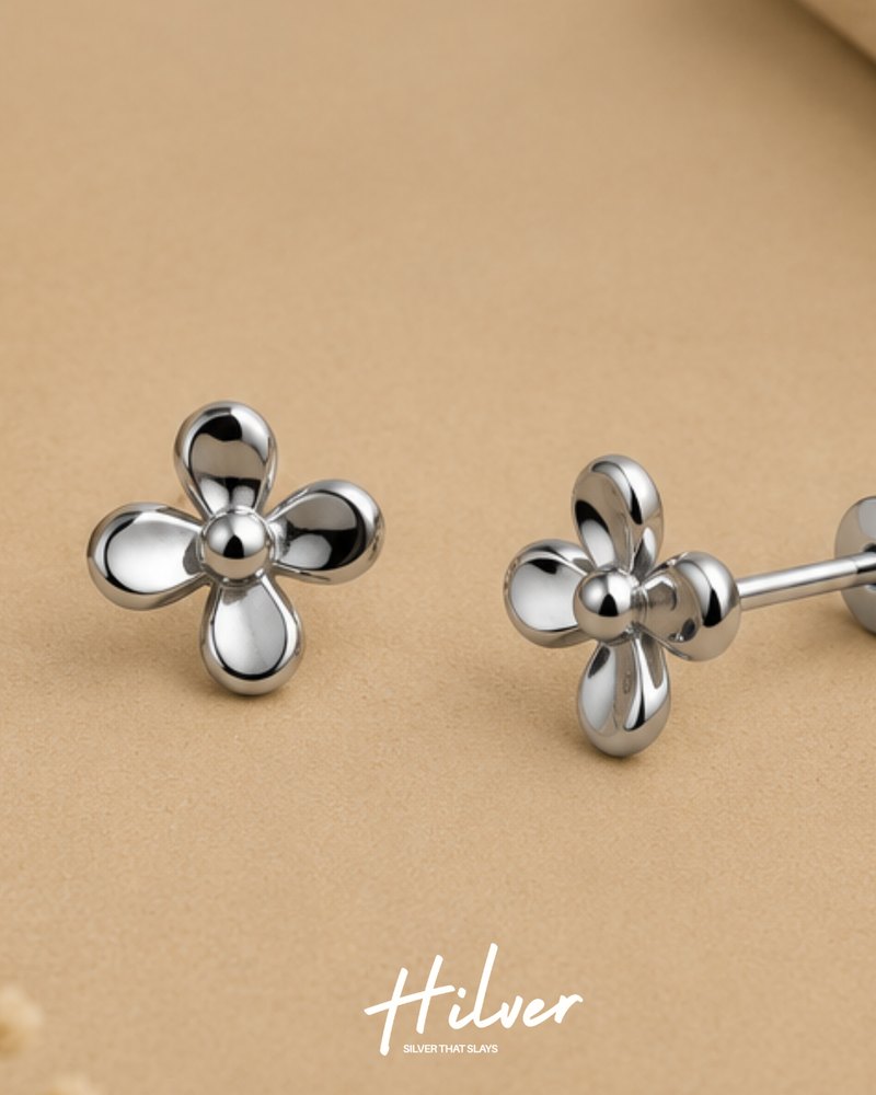 Silver Four-Petal Flower Stud Earrings, view 3
