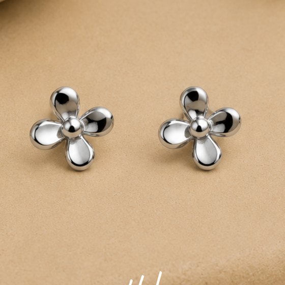 Silver Four-Petal Flower Stud Earrings