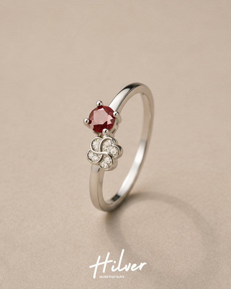 Silver Ruby Red CZ Round & Floral Pave Accent Ring, view 1