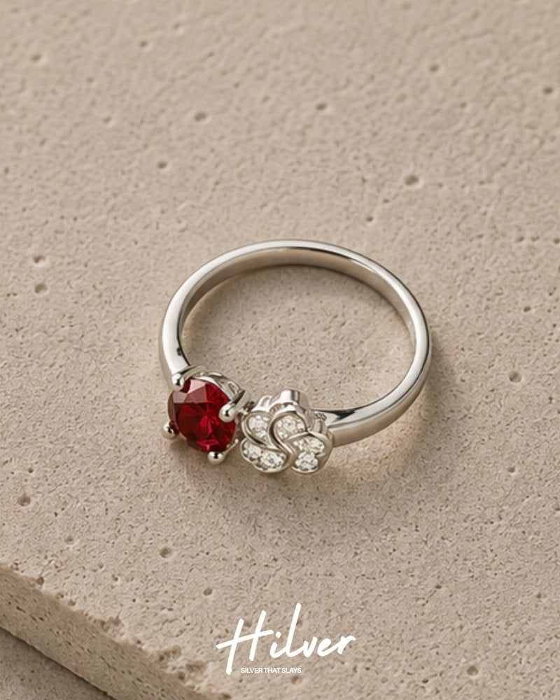 Silver Ruby Red CZ Round & Floral Pave Accent Ring, view 2