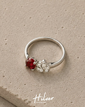 Silver Ruby Red CZ Round & Floral Pave Accent Ring, view 2