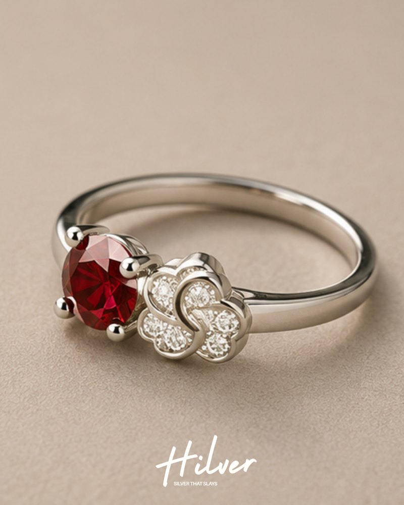 Silver Ruby Red CZ Round & Floral Pave Accent Ring, view 3