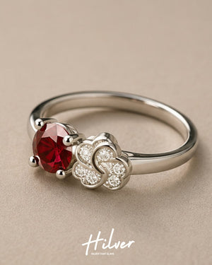 Silver Ruby Red CZ Round & Floral Pave Accent Ring, view 3