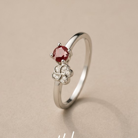 Silver Ruby Red CZ Round & Floral Pave Accent Ring