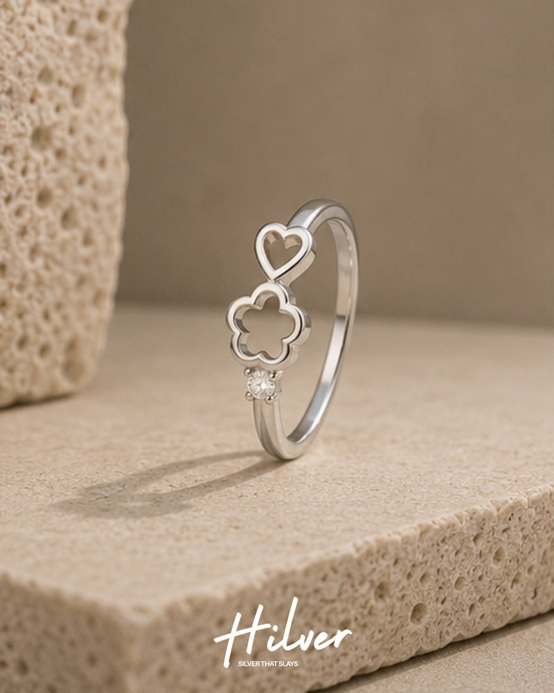 Silver Dainty Heart & Four-Leaf Clover Outline Ring, view 1