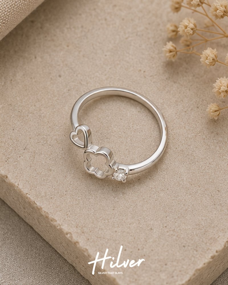 Silver Dainty Heart & Four-Leaf Clover Outline Ring, view 2