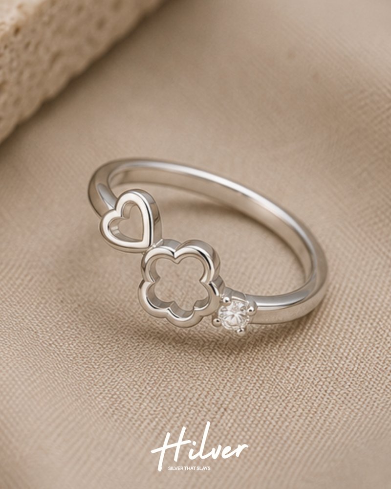 Silver Dainty Heart & Four-Leaf Clover Outline Ring, view 3