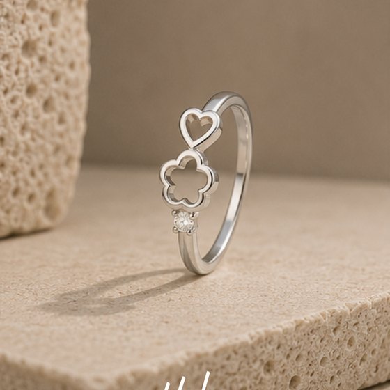 Silver Dainty Heart & Four-Leaf Clover Outline Ring