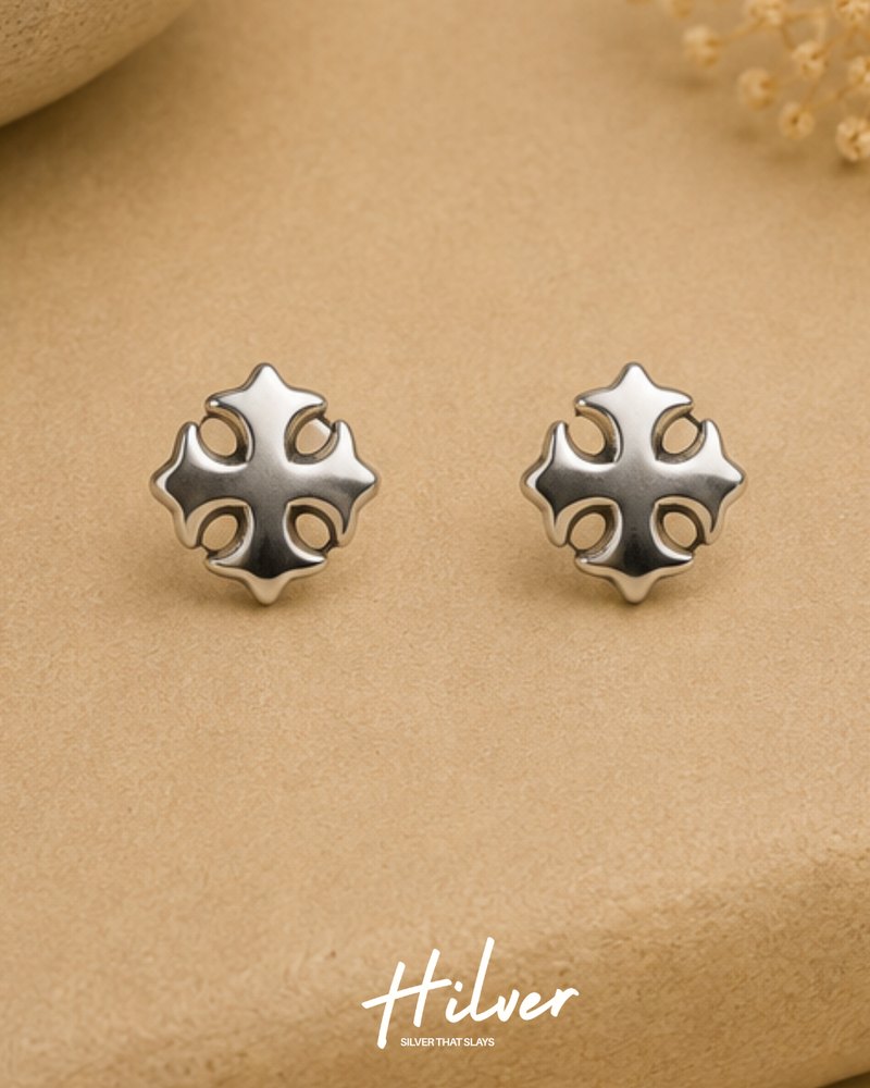 Silver Gothic Maltese Cross Stud Earrings, view 1