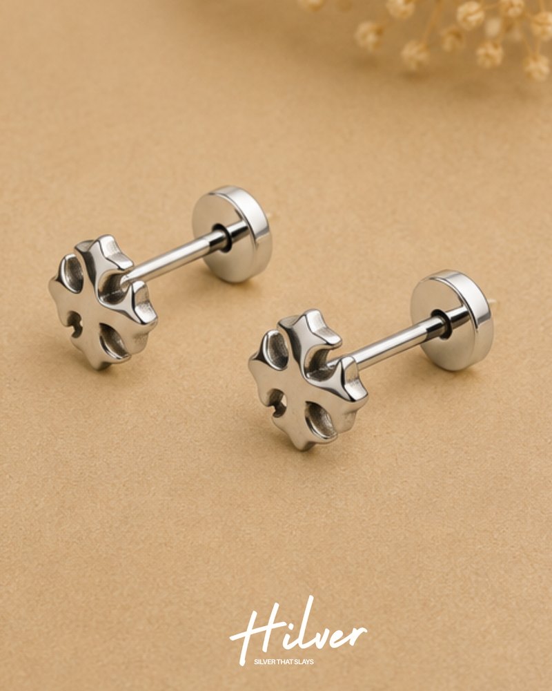 Silver Gothic Maltese Cross Stud Earrings, view 2