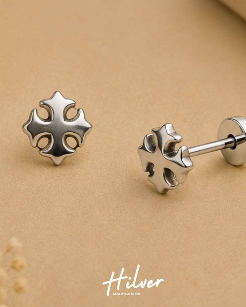 Silver Gothic Maltese Cross Stud Earrings, view 3