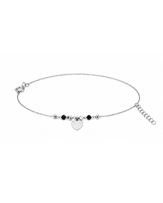 Hilver Sterling Silver Black Crystal Bead and Heart Charm Bracelet
