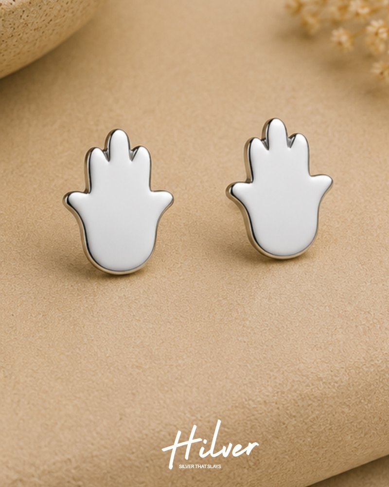 Silver Hamsa Hand Protection Stud Earrings, view 1