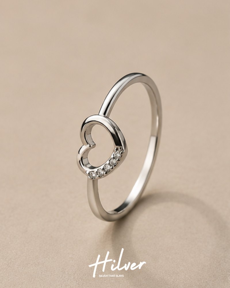 Silver Minimalist Pave CZ Curved Open Heart Ring, view 1