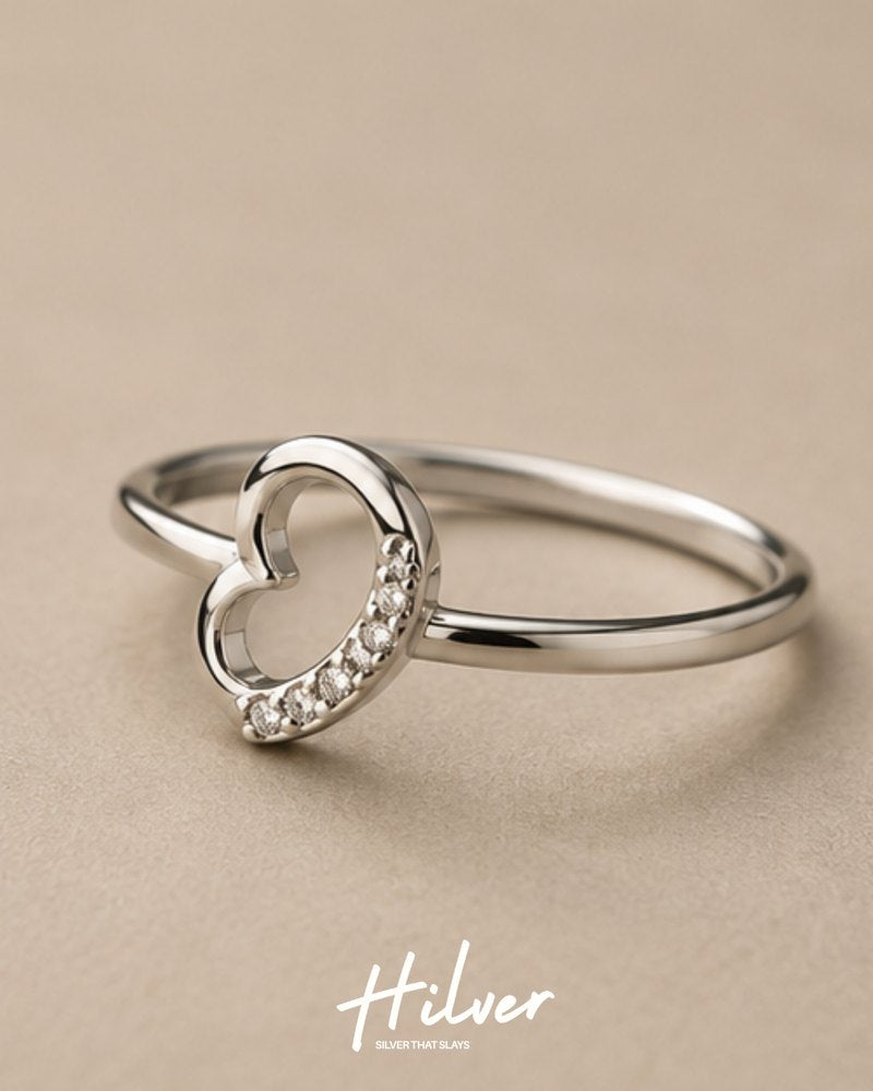 Silver Minimalist Pave CZ Curved Open Heart Ring, view 3