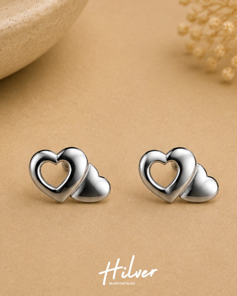 Silver Curved Double Heart Stud Earrings, view 1