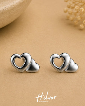 Silver Curved Double Heart Stud Earrings, view 1