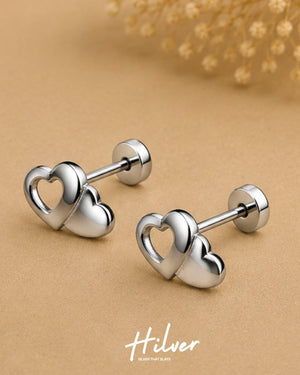 Silver Curved Double Heart Stud Earrings, view 2