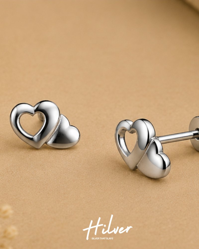 Silver Curved Double Heart Stud Earrings, view 3