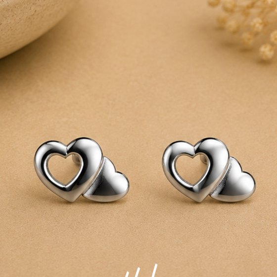 Silver Curved Double Heart Stud Earrings