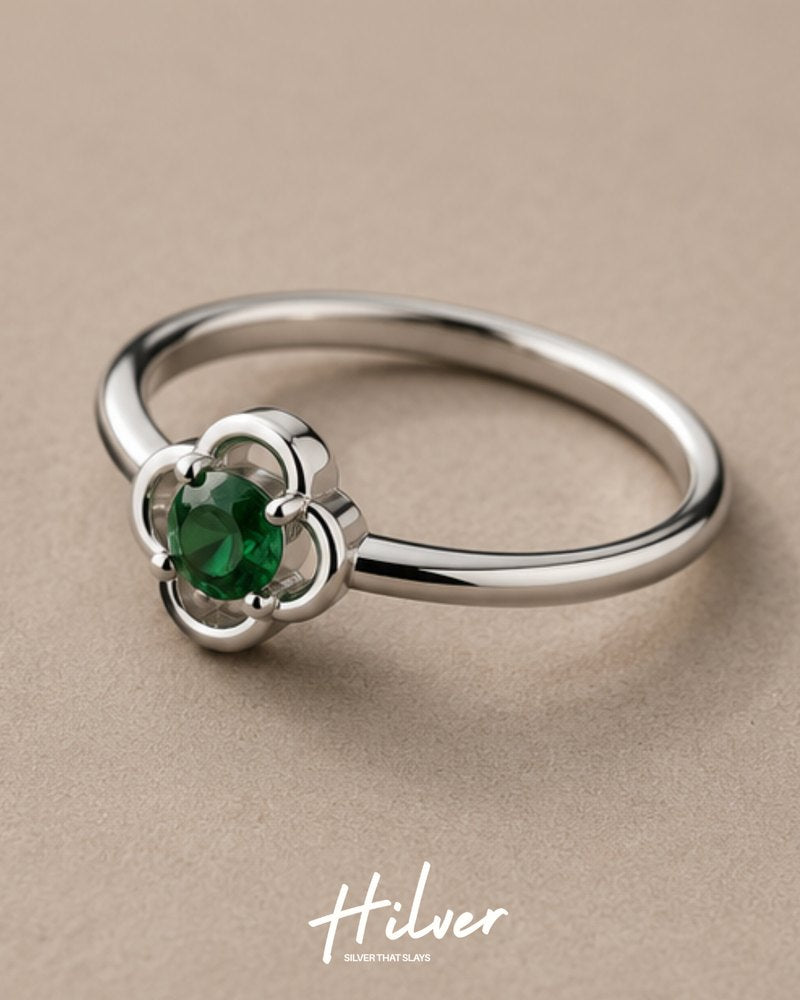 Silver Emerald Green CZ Framed Solitaire Ring, view 3