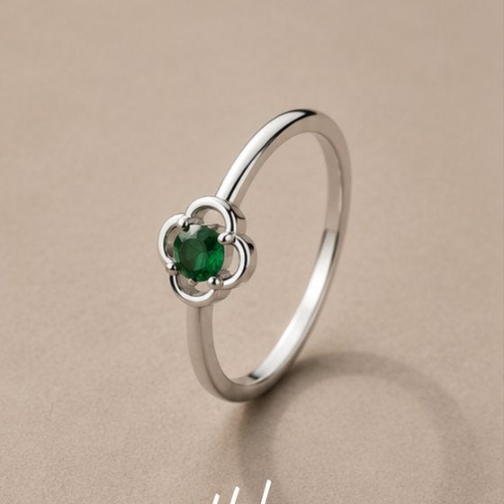 Silver Emerald Green CZ Framed Solitaire Ring