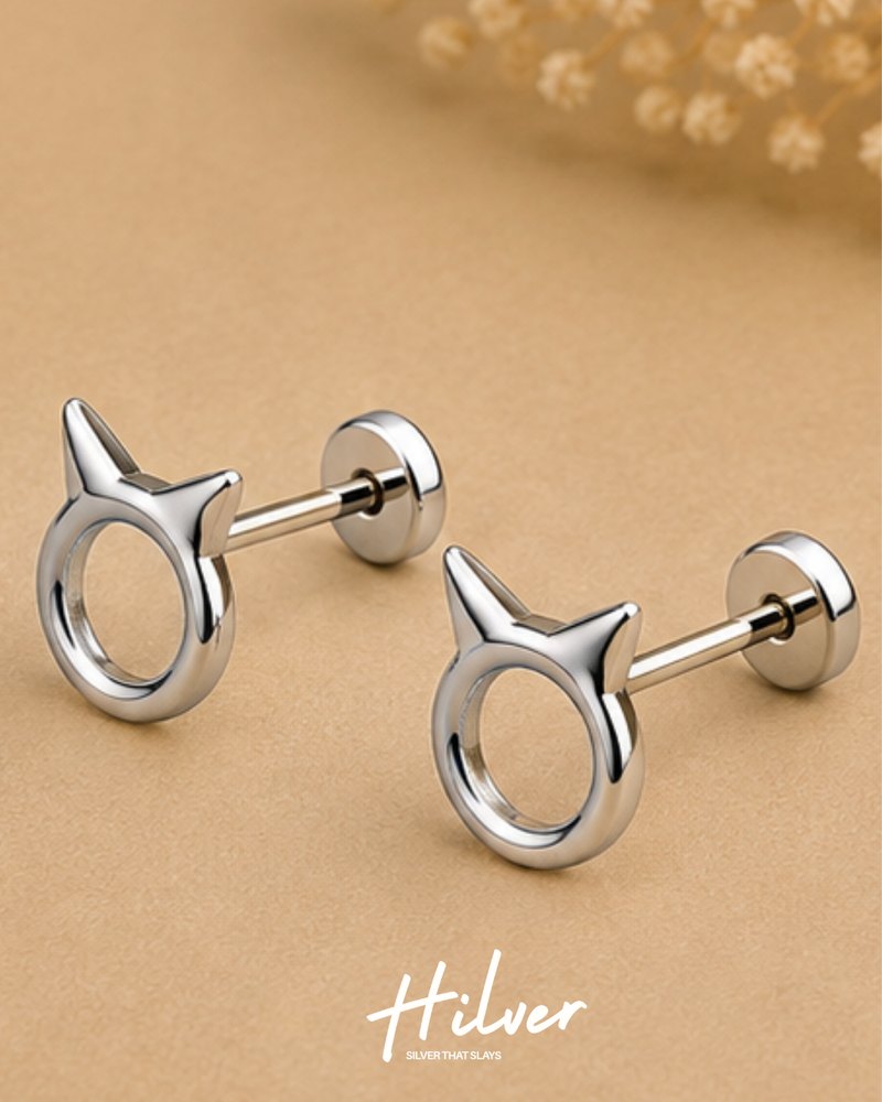 Silver Geometric Circle Ribbon Stud Earrings, view 2