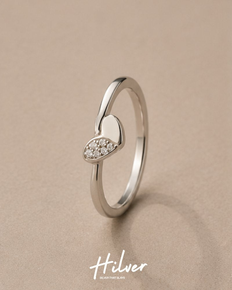 Silver Half Pave Solid Heart Bypass Ring, view 1