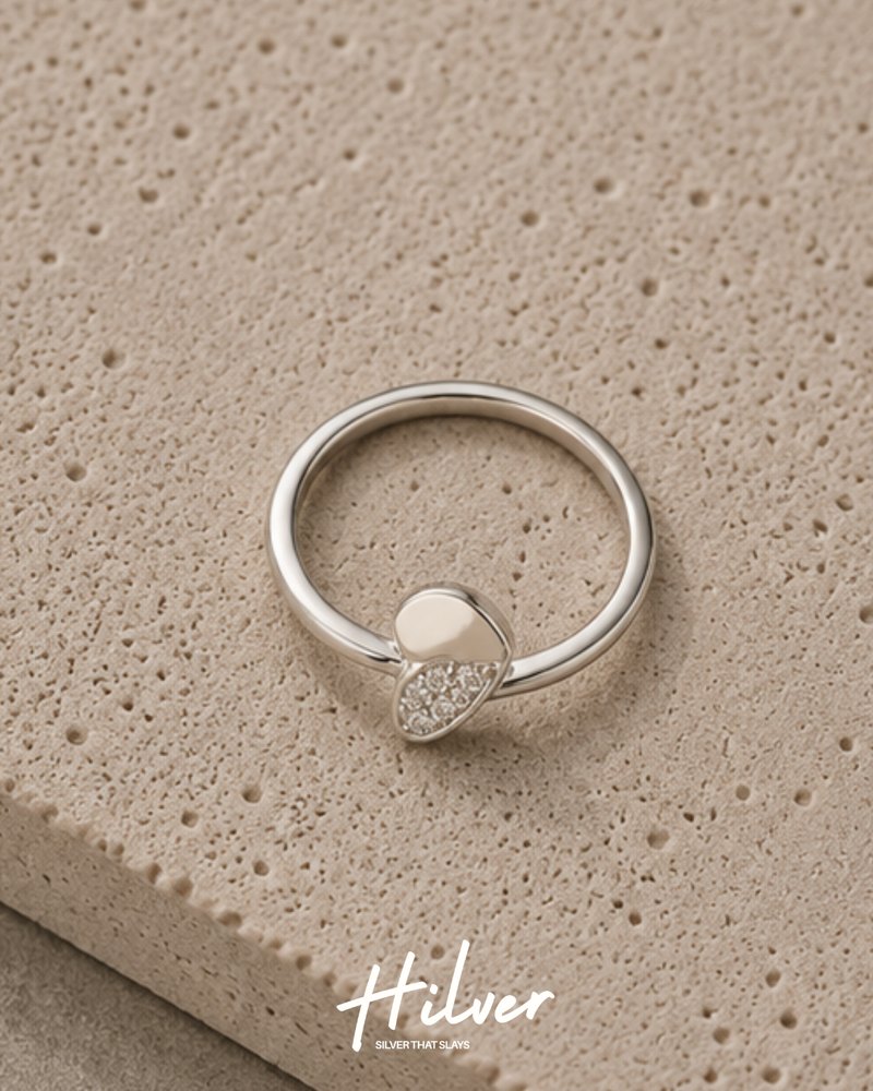 Silver Half Pave Solid Heart Bypass Ring, view 2