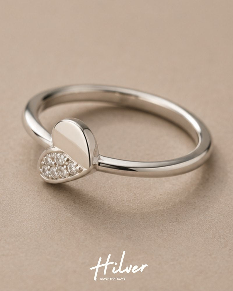 Silver Half Pave Solid Heart Bypass Ring, view 3