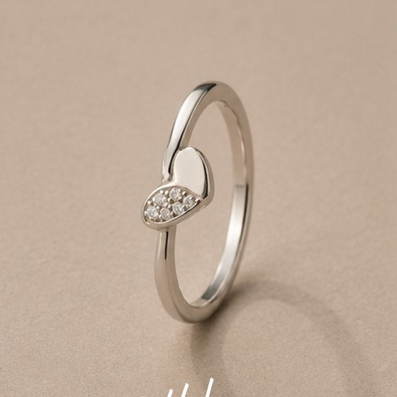 Silver Half Pave Solid Heart Bypass Ring