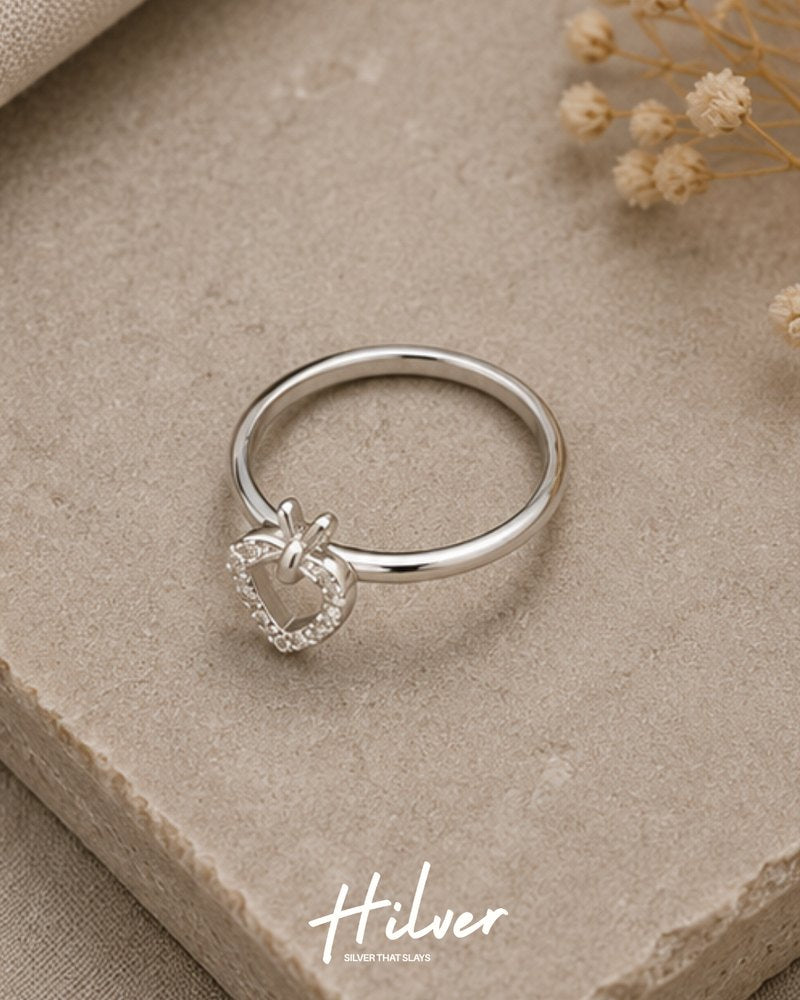 Silver CZ Pave Open Heart Pendant Style Ring, view 2